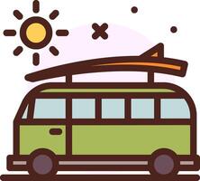 A bus with a surfboard on top and sun behind it vector