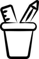 A black and white drawing of a pencil and ruler in a bucket vector