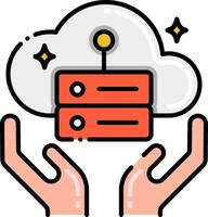 Two hands holding a cloud with a red box on top vector