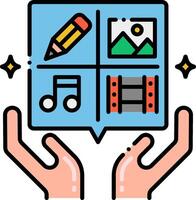 Two hands holding a square with icons of music, books, and other items vector