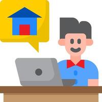 A man sitting at a desk with a laptop and a house vector