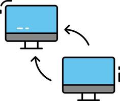 Two computers connected to each other with a blue arrow vector