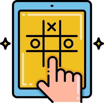 A hand touching a tablet with a game on it vector