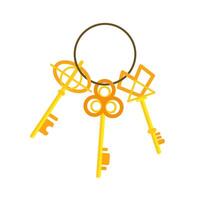 Three golden keys hanging on ring on white background vector