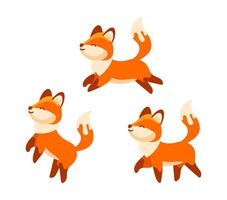 Three cartoon foxes are running, jumping and having fun vector