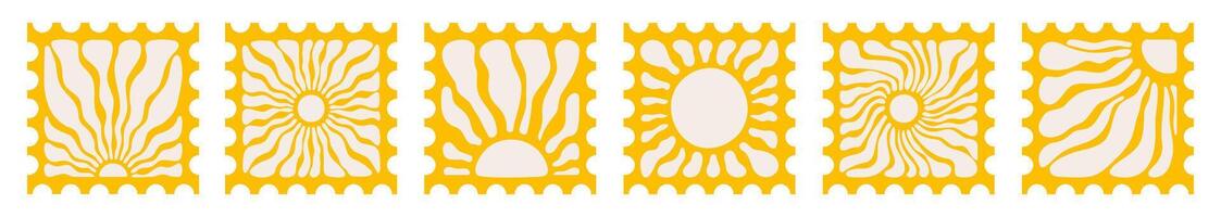 Sun groovy post card square stamp stickers set illustration. Hand drawn abstract floral vintage patterns isolated on transparent background vector