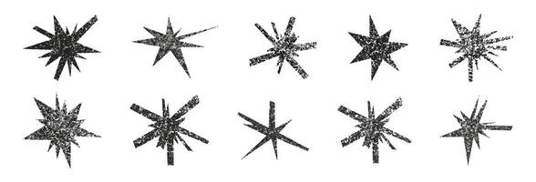 Trendy irregular stars set with grunge stipple photocopy effect. Hand drawn geometric scribble shapes, doodle starburst, modern retro grunge punk halftone stickers. Modern retro illustration vector