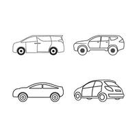 Four different types of cars are shown in a line drawing vector