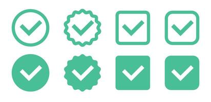 Set of green check mark icons. Circle and square shapes in flat and line style. Approval badges. illustration vector
