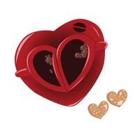 Two red coffee cups in the shape of a heart and a couple of cookies vector