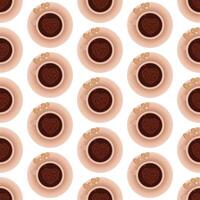 Beige cup and saucer. Coffee with foam in the shape of a heart. Seamless pattern. vector