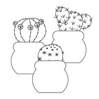 Composition of three cute little cacti in pots, in doodle style. illustration isolated on white background. vector