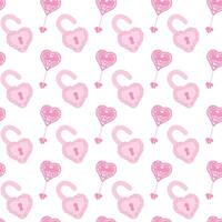Pink key and lock in the shape of hearts. Concept of strong love. Illustration for Valentine's Day, wedding. Seamless pattern on white background. vector