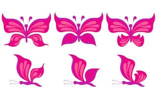 Small set of cute pink butterflies in cartoon style. vector