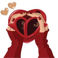 Two red heart-shaped coffee cups in female hands and two heart cookies. Top view. vector