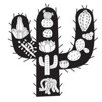 Composition of cacti in doodle style on the background of cactus silhouette. illustration isolated on white background. vector