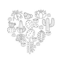 Composition of cacti in the shape of a heart in doodle style. illustration isolated on white background. vector