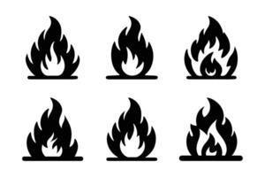 fire flame icon set, simple bonfire silhouette vector