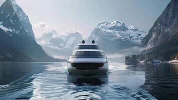 Hydrogen powered ferry gliding across a calm body of water, with a clear sky. Cutting edge technology and environmental benefits of zero emissions in maritime transport video