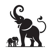 Black elephant and baby elephant silhouette. vector