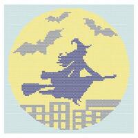 Halloween. Witch on a broom and bats over the night city. Illustration, imitation of knitted fabric. Can be used to create patterns, backgrounds, covers, souvenirs, textiles, clothes. vector