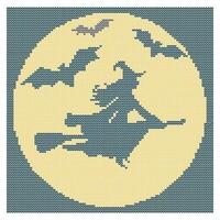 Halloween. Illustration, imitation of knitted fabric. Witch on a broom and bats over the night city. Can be used to create patterns, backgrounds, covers, souvenirs, textiles, clothes. vector