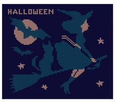 Witch on a broom with a cat, bats, stars and the moon. Halloween.Imitation of knitted fabric. Can be used to create patterns, backgrounds, covers, textiles, clothing, souvenirs. vector