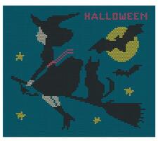 Witch on a broom with a cat, bats, stars and the moon. Imitation of knitted fabric. Can be used to create patterns, backgrounds, covers, textiles, clothing, souvenirs. Halloween vector