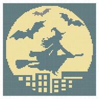 Witch on a broom and bats over the night city. Halloween. Illustration, imitation of knitted fabric. Can be used to create patterns, backgrounds, covers, souvenirs, textiles, clothes. vector