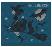 Halloween. Witch on a broom with a cat, bats, stars and the moon. Imitation of knitted fabric. Can be used to create patterns, backgrounds, covers, textiles, clothing, souvenirs. vector