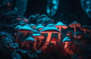 Mushrooms in the forest at night photo