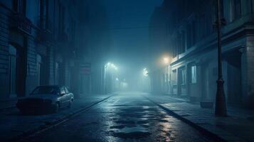 An empty street at night with a car parked on the side photo