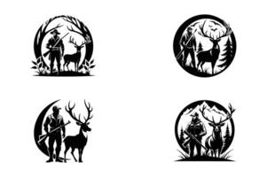 Four silhouettes of deer and man with bow vector