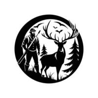 Hunting logo with deer and man in forest vector