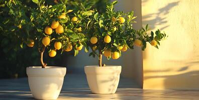 Lemon trees in white pots on the patio of an expensive villa, bathed in golden light, with sun rays and soft focus photo