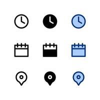 Time, Date and Location icon set. Time icon, Date icon and Location icon. Icon set. vector