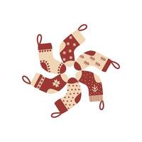 A set of red and white winter socks with various festive patterns in the shape of a Christmas wreath. Knitted wool and cotton socks decorated with snowflakes, hearts, trees and geometric patterns. vector