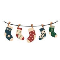 Collection of multi-colored winter socks with various holiday patterns on a white background. vector