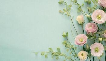 Flat lay floral background backdrop with pastel flowers and greenery.Generated image photo