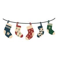 A set of winter cotton and wool socks with different patterns, patterns, colors and designs. Collection of cute winter shoes in the background. Colorful flat textured illustration. vector