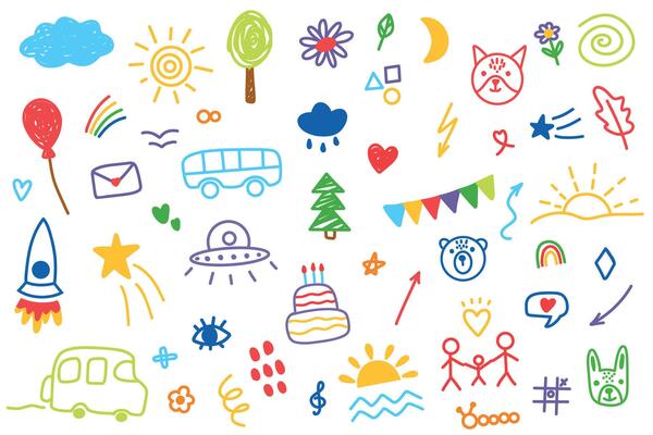 Cute kid flower, cloud, sun, summer illustration. Hand drawn doodle color sketch children cute school chalk background. Kids doodle crayon style line flower, cloud doodle pattern.