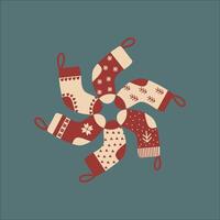A set of red and white winter socks. Knitted wool and cotton socks decorated with snowflakes, hearts, trees and geometric patterns. vector