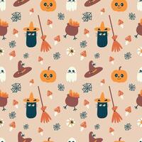 Cute Halloween seamless pattern. Magic cauldron, cat, mushrooms, hat, bat, skull. Kids print. Cartoon illustration. Good for textile fabric design, wrapping paper, website wallpapers, textile. vector