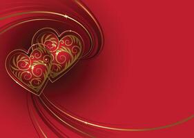 Two Beautiful Hearts and Gold Elements on a Red Background. Valentine Day Greeting Card vector