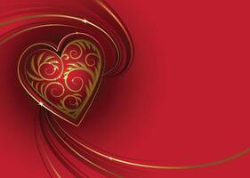 Beautiful Heart and Gold Elements on a Red Background. Valentine Day Greeting Card vector