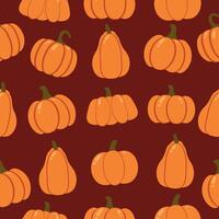 Colorful pattern of various pumpkins on a deep red background ideal for fall decorations or seasonal crafts vector