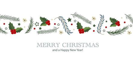 Christmas Greeting Card Banner with Fir Branches and Holly Berry Border. Happy Christmas and New Year. graphics vector