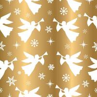 Pattern with angels and snowflakes on a golden background. vector