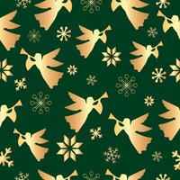 Pattern with golden angels and snowflakes on a green background. vector