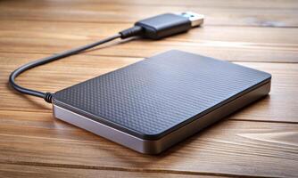 A gray hard drive is lying on a wooden table photo